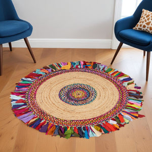 HomeRoots 6' Hand-Woven Jute Rug with Abstract Geometric Design in Blue, Natural & Red for Any Décor Style 6' Round 394171