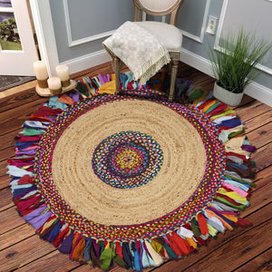 Homeroots Natural Jute Multicolored Medallion Area Rug With Fringe  Jute 394171