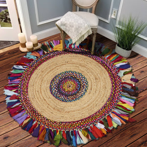 Homeroots Natural Jute Multicolored Medallion Area Rug With Fringe  Jute 394171