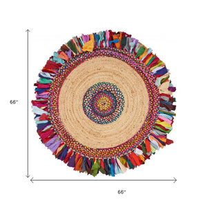 HomeRoots 6' Hand-Woven Jute Rug with Abstract Geometric Design in Blue, Natural & Red for Any Décor Style 6' Round 394171