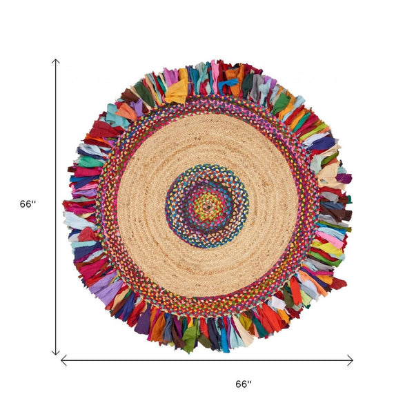 HomeRoots 6' Hand-Woven Jute Rug with Abstract Geometric Design in Blue, Natural & Red for Any Décor Style 6' Round 394171