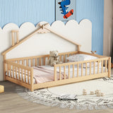 Hearth and Haven Twin House-Shaped Bedside Floor Bed with Guardrails, Slats, Without Door , Natural W504P143299
