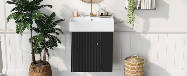 English Elm 21.6 inch Modern Floating Bathroom Vanity with Ceramic Basin, Wave Door, Rose Gold Handle Black N729P170388B