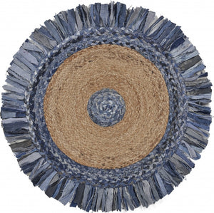 HomeRoots 6' Hand-Woven Beige and Blue Abstract Geometric Rug - Unique Artisan Craftsmanship for Cozy Spaces 6' Round 394184