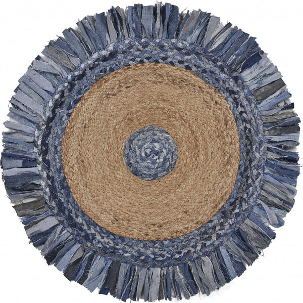 HomeRoots 6' Hand-Woven Beige and Blue Abstract Geometric Rug - Unique Artisan Craftsmanship for Cozy Spaces 6' Round 394184