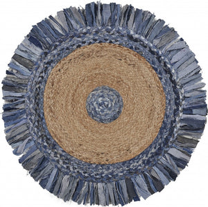 HomeRoots 6' Hand-Woven Beige and Blue Abstract Geometric Rug - Unique Artisan Craftsmanship for Cozy Spaces 6' Round 394184