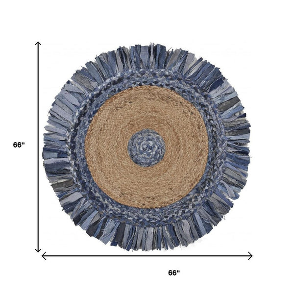 HomeRoots 6' Hand-Woven Beige and Blue Abstract Geometric Rug - Unique Artisan Craftsmanship for Cozy Spaces 6' Round 394184