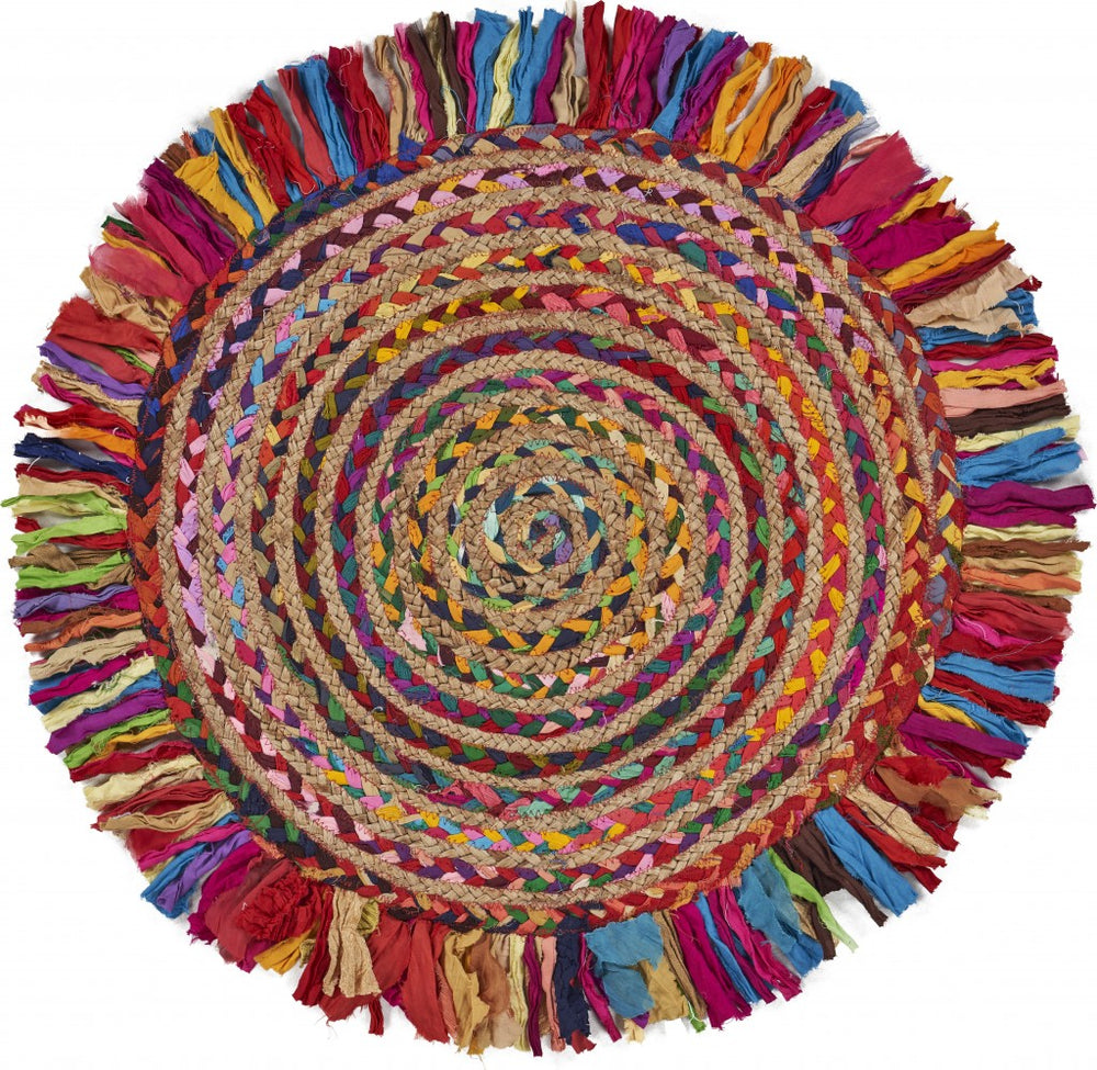 Homeroots Multicolored Chindi And Natural Jute Fringed Round Rug  Cotton 394186