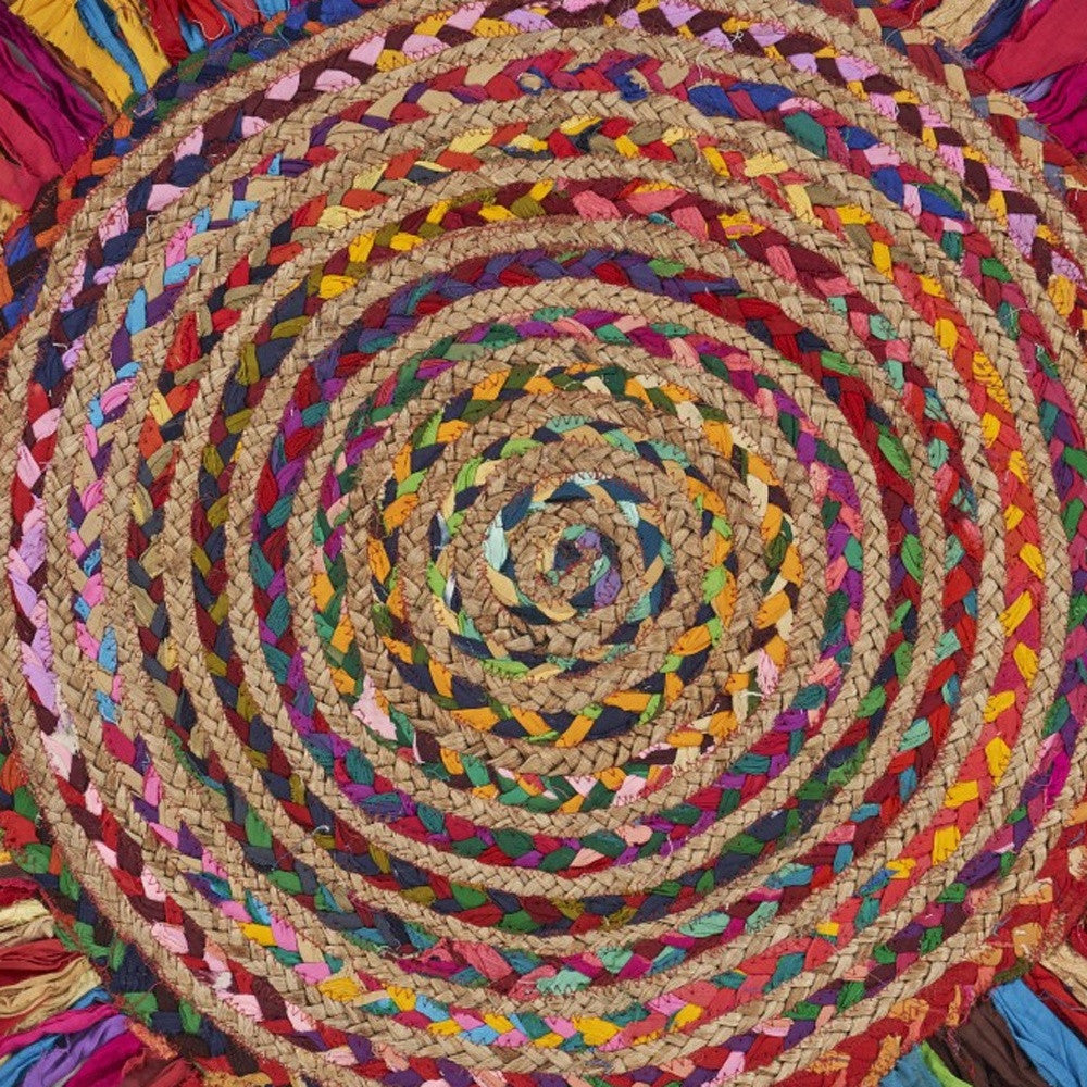 Homeroots Multicolored Chindi And Natural Jute Fringed Round Rug  Cotton 394186