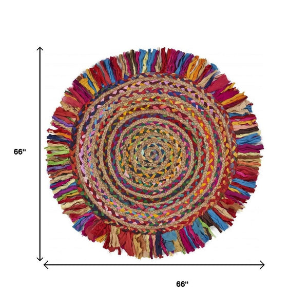 HomeRoots 6' Rainbow Abstract Geometric Hand Woven Rug - Bold Colorful Design for Cozy Living Spaces 6' Round 394186
