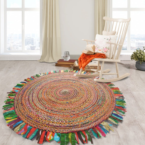 HomeRoots 6' Rainbow Abstract Geometric Hand Woven Rug - Bold Colorful Design for Cozy Living Spaces 6' Round 394186