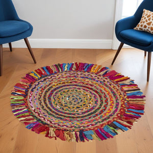 HomeRoots 6' Rainbow Abstract Geometric Hand Woven Rug - Bold Colorful Design for Cozy Living Spaces 6' Round 394186