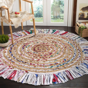 HomeRoots 6' Artistic Blue and White Geometric Hand-Woven Rug for Modern Living Spaces and Cozy Comfort 6' Round 394188