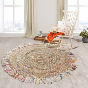 HomeRoots 6' Artistic Blue and White Geometric Hand-Woven Rug for Modern Living Spaces and Cozy Comfort 6' Round 394188