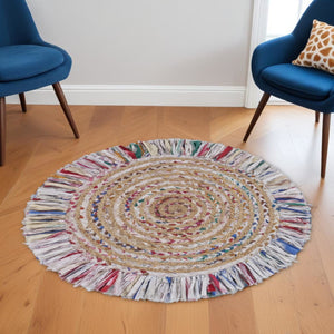 HomeRoots 6' Artistic Blue and White Geometric Hand-Woven Rug for Modern Living Spaces and Cozy Comfort 6' Round 394188