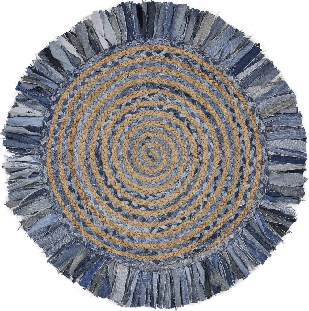 Homeroots Denim And Natural Jute Round Swirl Fringed Rug  Cotton 394190