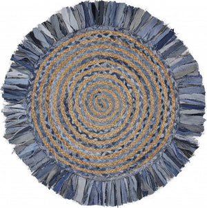 Homeroots Denim And Natural Jute Round Swirl Fringed Rug  Cotton 394190