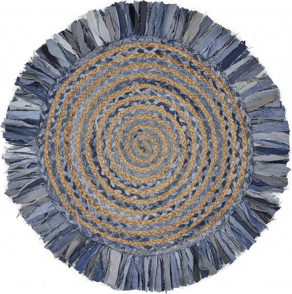 Homeroots Denim And Natural Jute Round Swirl Fringed Rug  Cotton 394190