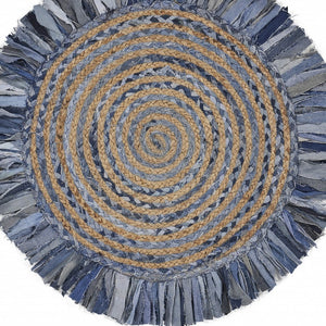 Homeroots Denim And Natural Jute Round Swirl Fringed Rug  Cotton 394190