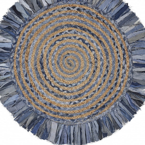 Homeroots Denim And Natural Jute Round Swirl Fringed Rug  Cotton 394190