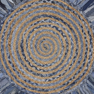 Homeroots Denim And Natural Jute Round Swirl Fringed Rug  Cotton 394190