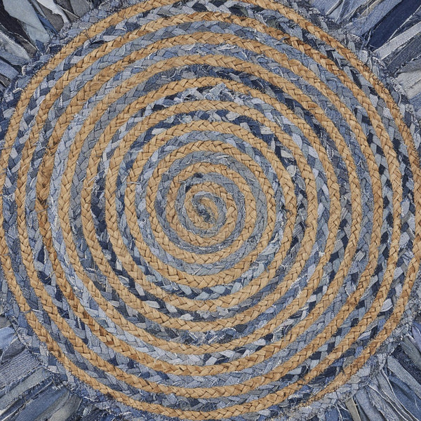 Homeroots Denim And Natural Jute Round Swirl Fringed Rug  Cotton 394190