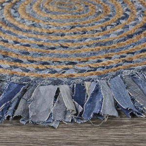 Homeroots Denim And Natural Jute Round Swirl Fringed Rug  Cotton 394190