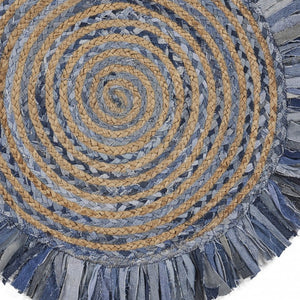 Homeroots Denim And Natural Jute Round Swirl Fringed Rug  Cotton 394190