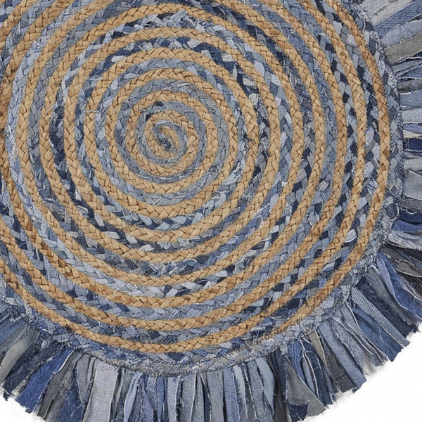 Homeroots Denim And Natural Jute Round Swirl Fringed Rug  Cotton 394190