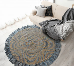 Homeroots Denim And Natural Jute Round Swirl Fringed Rug  Cotton 394190