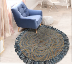 Homeroots Denim And Natural Jute Round Swirl Fringed Rug  Cotton 394190