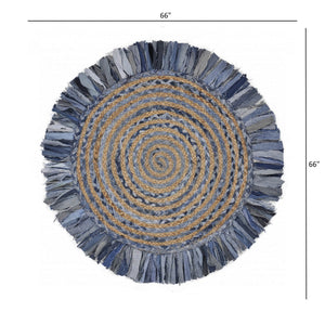 Homeroots Denim And Natural Jute Round Swirl Fringed Rug  Cotton 394190