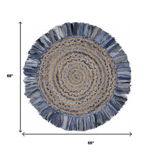 HomeRoots 6' Hand-Woven Beige and Blue Abstract Geometric Area Rug - Artisan Crafted for Timeless Style 6' Round 394190