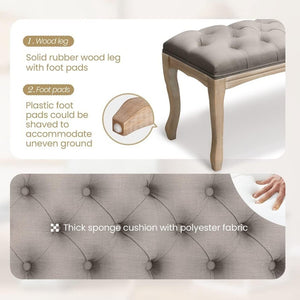 English Elm Bedroom Bench Tufted Linen Seat with Carved Distressed Wood Legs French Country Style Grey W3244P493669