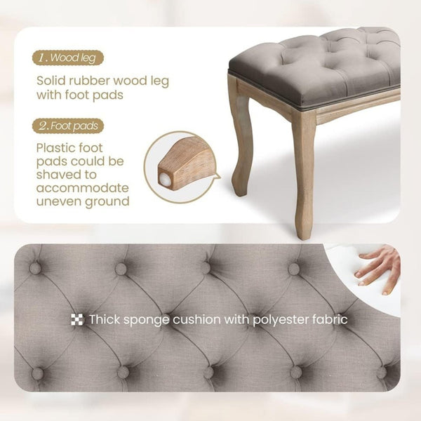English Elm Bedroom Bench Tufted Linen Seat with Carved Distressed Wood Legs French Country Style Grey W3244P493669