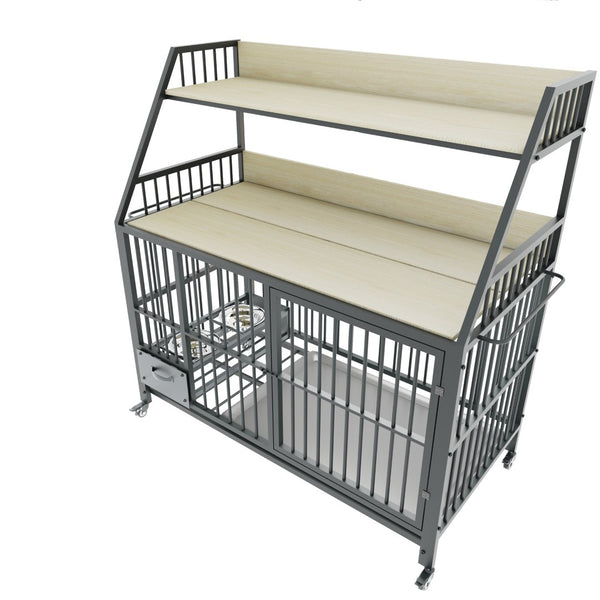 English Elm Large Pet Cage with Iron Frame Mdf Panels Storage Rack and Steel Feeding Basins Beige,Black W3064P245386