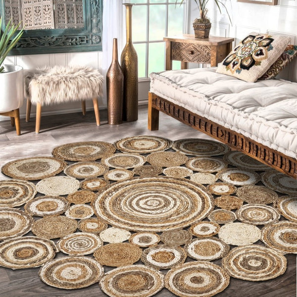 HomeRoots 5' Natural Jute Hand Braided Area Rug - Eco-Friendly, Durable Charm for Coastal and Farmhouse Styles 6' Round Round 394212