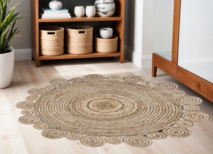 HomeRoots 5' Natural Jute Hand-Braided Area Rug with Abstract Geometric Design for Stylish Small Spaces 5' X 5' 394214