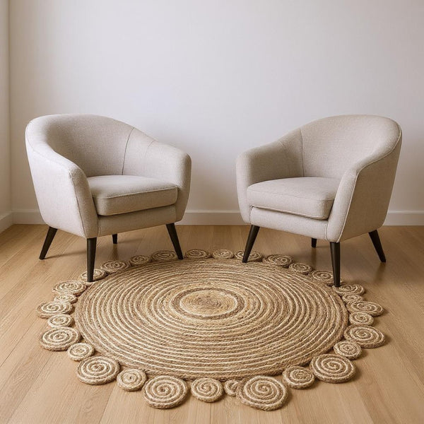 HomeRoots 5' Natural Jute Hand-Braided Area Rug with Abstract Geometric Design for Stylish Small Spaces 6' Round 394215