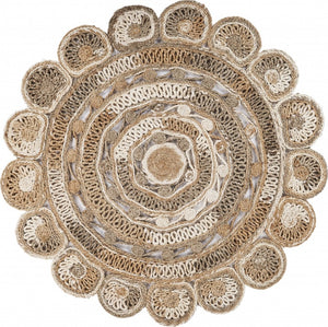 HomeRoots 6' Beige Jute Hand-Braided Abstract Geometric Rug for Elegance, Comfort, and Versatile Decor 6' Round 394220