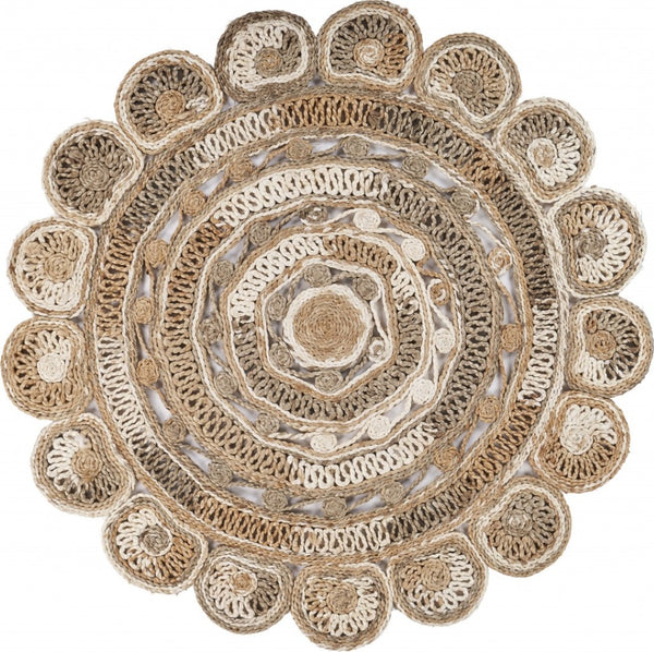 HomeRoots 6' Beige Jute Hand-Braided Abstract Geometric Rug for Elegance, Comfort, and Versatile Decor 6' Round 394220