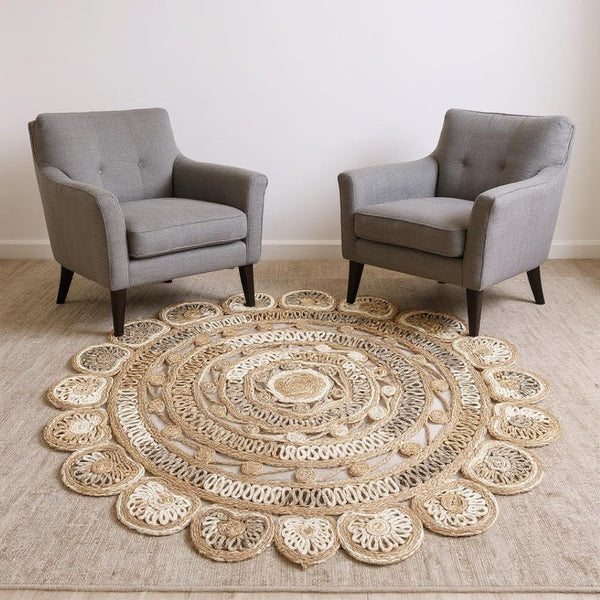 HomeRoots 6' Beige Jute Hand-Braided Abstract Geometric Rug for Elegance, Comfort, and Versatile Decor 6' Round 394220