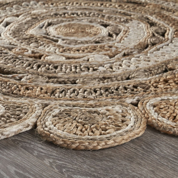 HomeRoots 6' Beige Jute Hand-Braided Abstract Geometric Rug for Elegance, Comfort, and Versatile Decor 6' Round 394220