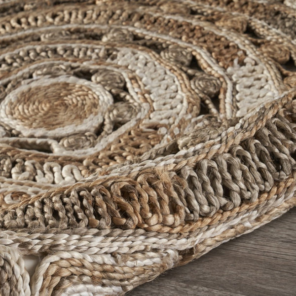 HomeRoots 6' Beige Jute Hand-Braided Abstract Geometric Rug for Elegance, Comfort, and Versatile Decor 6' Round 394220