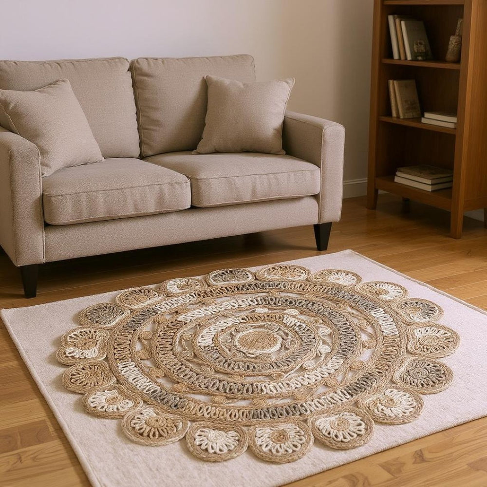 HomeRoots 8' Beige Jute Hand-Braided Rug – Eco-Friendly Natural Fiber Design for Stylish Home Décor Elegance 8' Round 394221