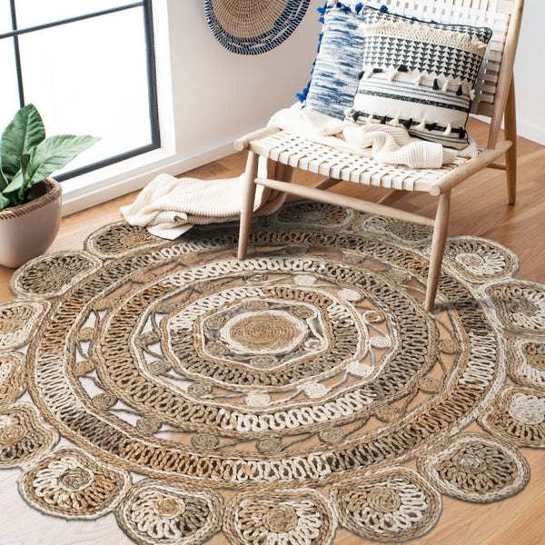 HomeRoots 8' Beige Jute Hand-Braided Rug – Eco-Friendly Natural Fiber Design for Stylish Home Décor Elegance 8' Round 394221