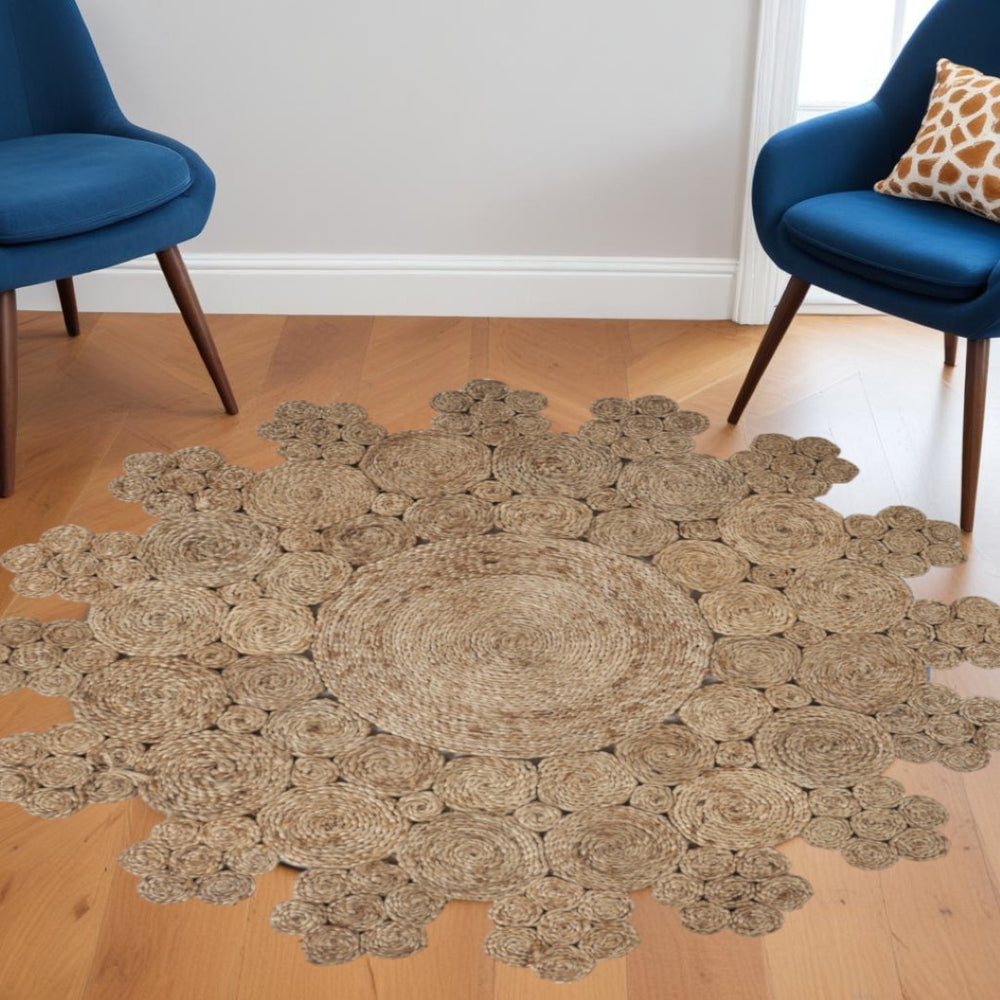 HomeRoots 6' Natural Jute Rug - Hand-Braided Abstract Geometric Design for Eco-Friendly, Stylish Interiors 6' Round 394223