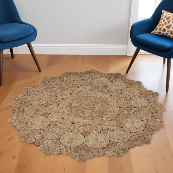 HomeRoots 6' Natural Jute Hand-Braided Abstract Geometric Rug – Timeless Texture for Any Home Decor Style 6' Round 394229