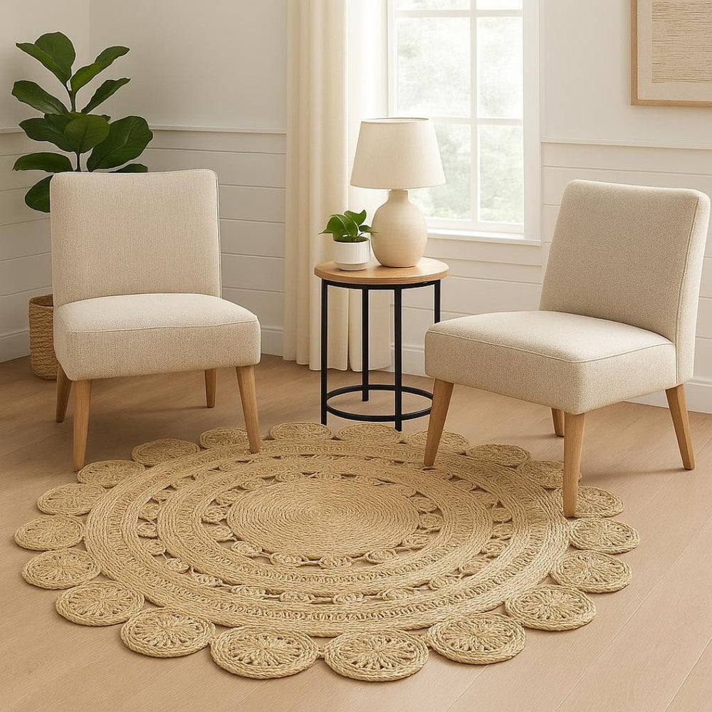HomeRoots 6' Natural Jute Hand Braided Rug – Abstract Geometric Design for Stylish Living Spaces and Durability 6' Round 394232