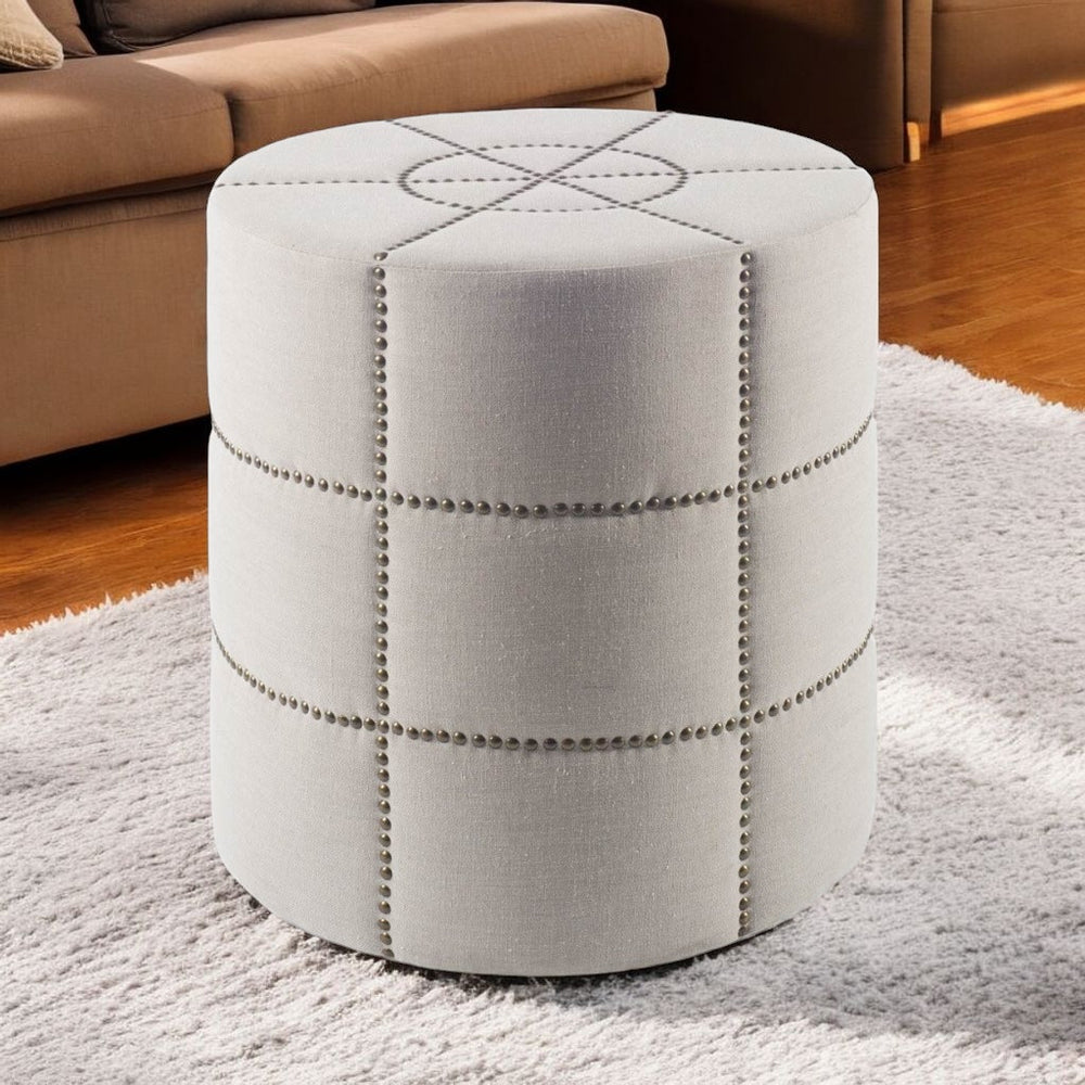 Homeroots 20" Cream Linen Round Footstool Ottoman   394241